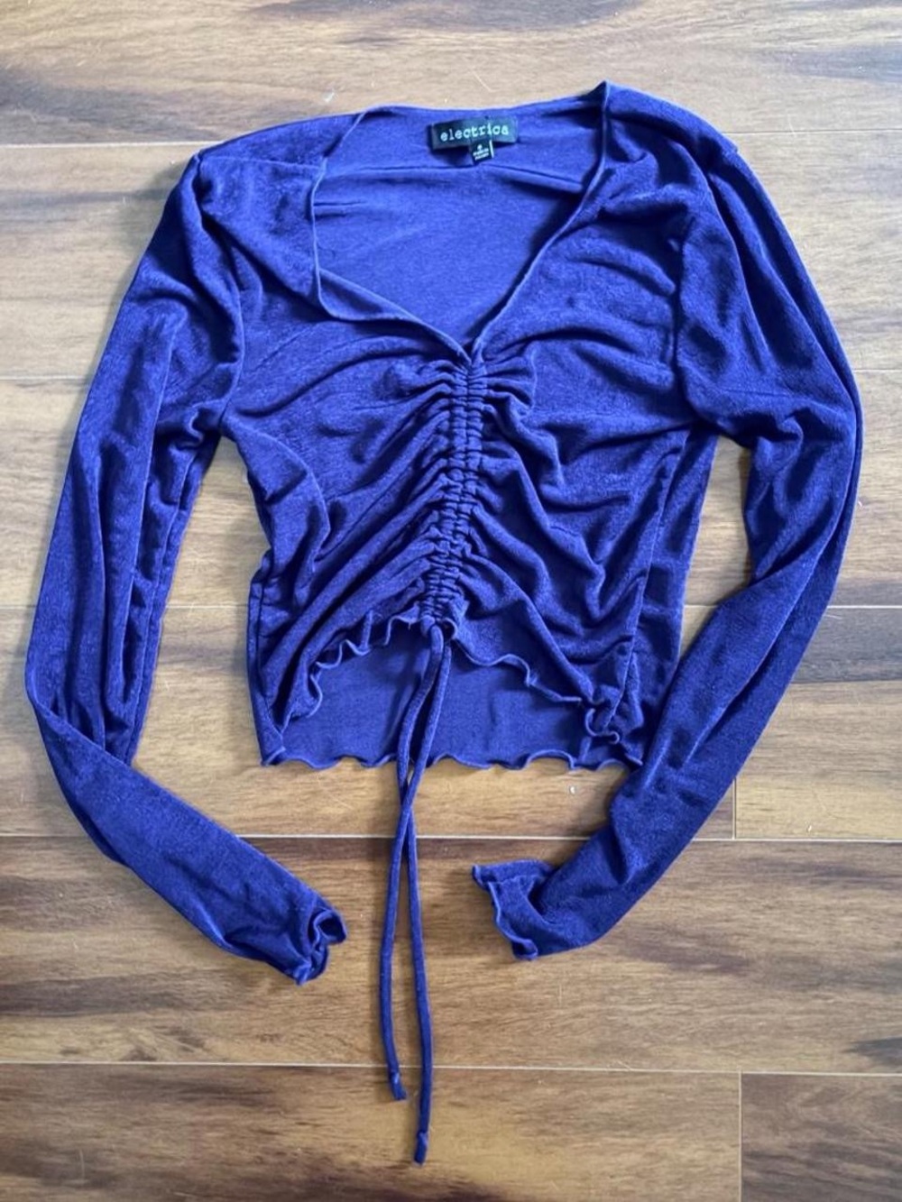 Ruched Drawstring V-Neck Long Sleeve Top